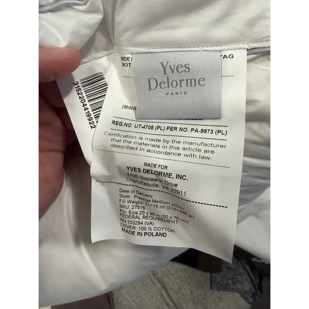 Yves Delorme Prestige Medium Pillow White Goose Down Queen $370 NEW